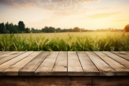 Wooden Planks with a Blurry Farm Background generative by Ai.の素材