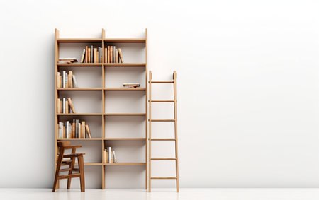 Wooden Library Ladder Amidst Bookshelves Generative By Ai.の素材