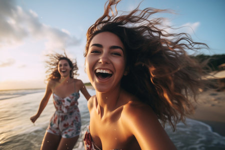 Happy Young Women Having Fun at the Beach Generative By Ai.の素材