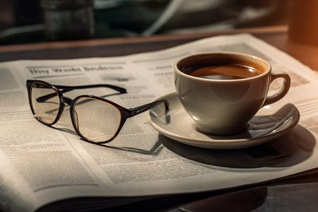 A Cup of Coffee, Glasses, and the Daily News Generative By Ai.の素材