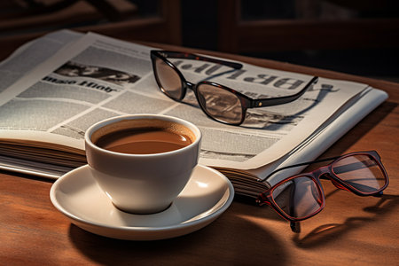 Glasses, Newspaper, and a Cup of Coffee Generative By Ai.の素材