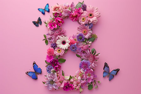 Number 8 Formed by Flowers and Butterflies Against a Pink Backgroundの素材