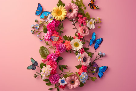 Number 8 Formed by Flowers and Butterflies Against a Pink Backgroundの素材