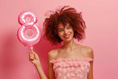 Woman Holding Number 8 Balloon on a Pink Backgroundの素材