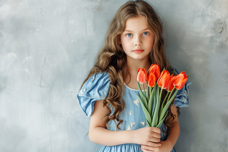 A Lovely Girl in a Blue Dress Holding Tulip Flowers Against a Background.の素材
