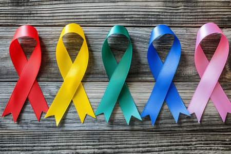 Colorful Awareness Ribbons in Blue, Red, Green, Pink and yellow for cancer day.の素材