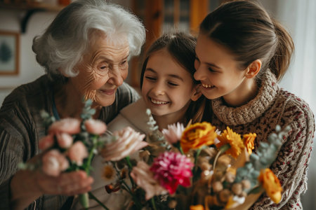 Mother, Grandmother, and Daughter Celebrating the Holidays Together.の素材