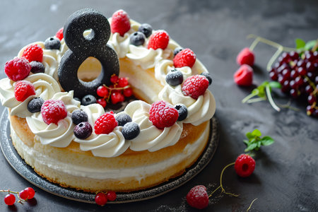Homemade Cake Shaped Like the Number 8 Adorned with Whipped Cream. women dayの素材