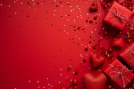 Solid Red Background Adorned with Red Hearts and Gifts.の素材