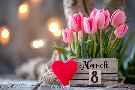 Pink Tulips and a Red Heart with the Text 'March 8'.の素材