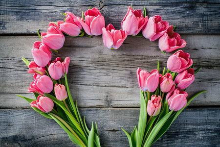 Heart Crafted with Pink Tulip Flowers on a Rustic Table.の素材