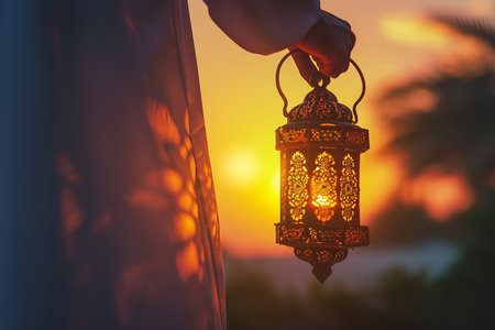 An Islamic-themed photograph showcasing a man holding a lanternの素材