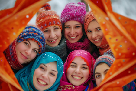 A gathering of women adorned in vibrant scarves and hats, radiating smilesの素材