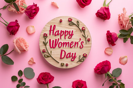 Celebrating Women: Wooden Squares and Pink Elegance for Happy Women's Dayの素材