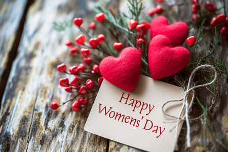 Red Hearts and Happy Women's Day Card on Wooden Backgroundの素材
