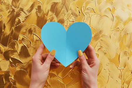A woman's hand holding a blue paper heart on a golden backgroundの素材