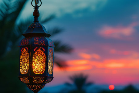 Lantern Illuminated Against Dusk Sky and Sunset, Wishing Ramadan Kareemの素材