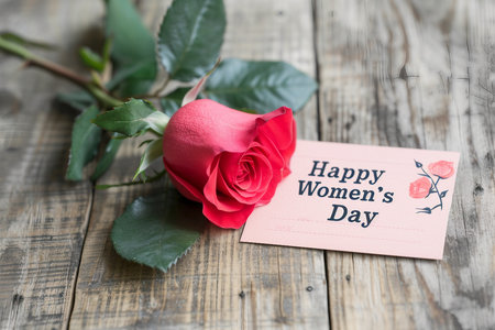 Red Rose and Women's Day Greeting Card on Wooden Backgroundの素材