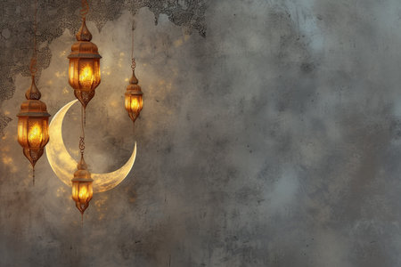 Ramadan Kareem Background: Lanterns with Crescent Moonの素材