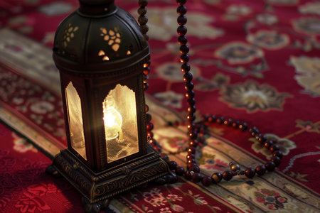 Arabic lantern on red carpet with wooden rosaryの素材