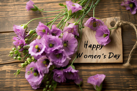 Joyful Women's Day Wishes: Text with Eustoma Flowersの素材