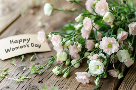 Joyful Women's Day Wishes: Text with Eustoma Flowersの素材