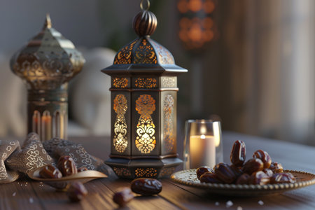 Ramadan Kareem: A Serene Tabletop with Dates and a Lanternの素材