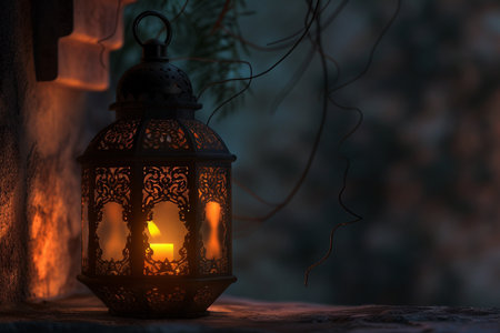 Radiant Arabic Lantern: Candle Glow Against the Nighttime Skyの素材