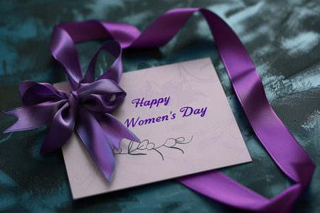 Purple Ribbon and Card with 'Happy Women's Day' Text on Violet Backgroundの素材