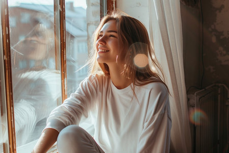 Young Lady Delighted, Savoring a Perfect Day Seatedの素材