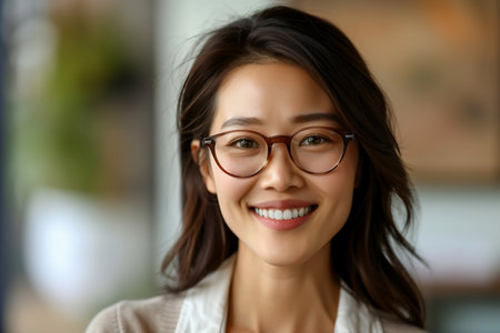 Young Asian Professional Woman with a Radiant Smile Wearing Glassesの素材