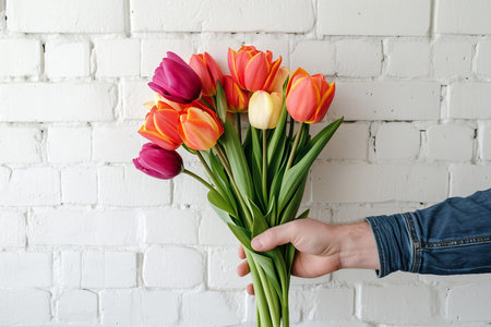 A Gentleman's Hand Holding a Beautiful Bouquet of Tulips.の素材