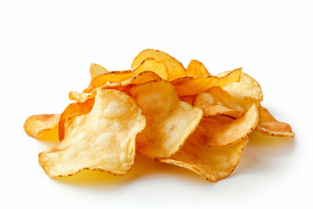 Potato Chips Unveiled On White Background..の素材