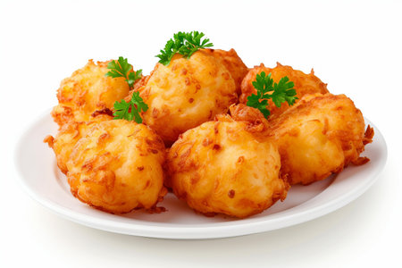 Potato Fritters Unveiled On White Background..の素材