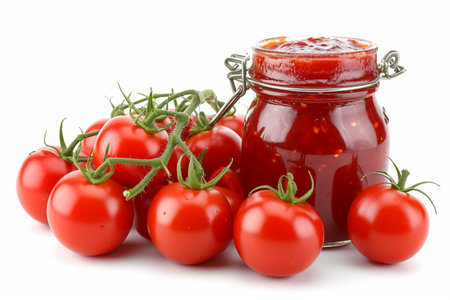 Tomato jam Unveiled On White Background..の素材