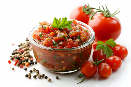 Tomato Relish Unveiled On White Background..の素材