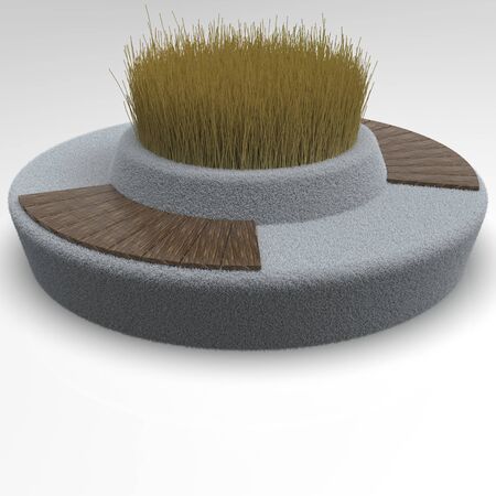 The bench is designed as a 360 ? circle. It is covered with a special soft layer so that you can sit comfortably. In some places, there are wooden decking made of moraine oak.の写真素材