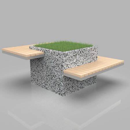A huge flower pot in which you can plant even a tree is surrounded on one side by a bench and on the other by a table. This composition is complemented by a docking cradle bench with a metal base. Any color of execution is possible, as well as the production of a vase made of wood or stone chips.の写真素材