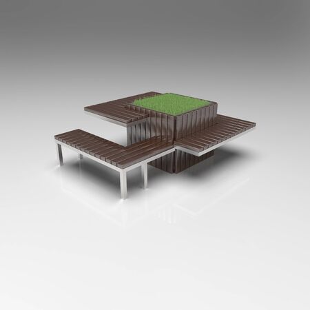 A huge flower pot in which you can plant even a tree is surrounded on one side by a bench and on the other by a table. This composition is complemented by a docking cradle bench with a metal base. Any color of execution is possible, as well as the production of a vase made of wood or stone chips.の写真素材