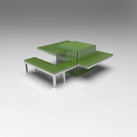 A huge flower pot in which you can plant even a tree is surrounded on one side by a bench and on the other by a table. This composition is complemented by a docking cradle bench with a metal base. Any color of execution is possible, as well as the production of a vase made of wood or stone chips.の写真素材