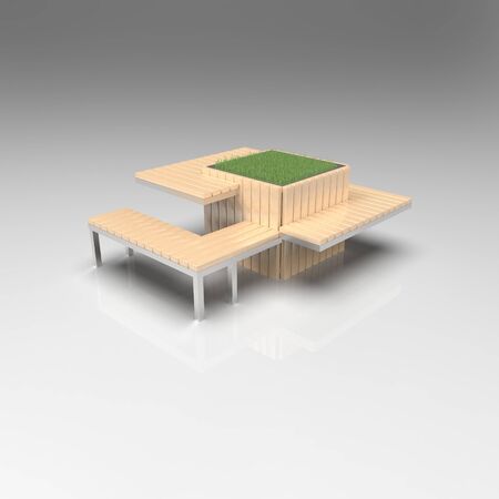 A huge flower pot in which you can plant even a tree is surrounded on one side by a bench and on the other by a table. This composition is complemented by a docking cradle bench with a metal base. Any color of execution is possible, as well as the production of a vase made of wood or stone chips.の写真素材
