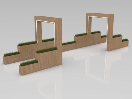3d image of Large entrance group with lighting and flowerpotsの写真素材