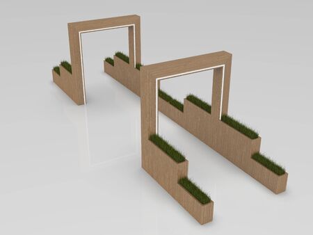 3d image of Large entrance group with lighting and flowerpotsの写真素材