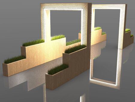 3d image of Large entrance group with lighting and flowerpotsの写真素材