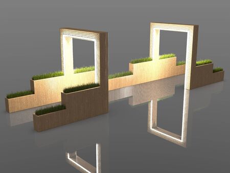 3d image of Large entrance group with lighting and flowerpotsの写真素材
