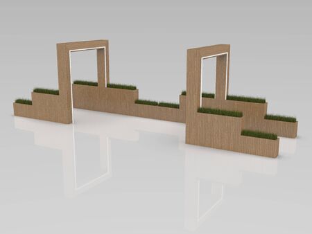 3d image of Large entrance group with lighting and flowerpotsの写真素材
