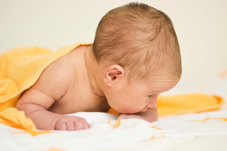 Close up of wakeful newborn baby girlの写真素材