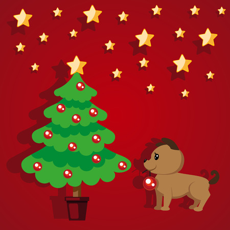 Cute puppy decorates a Christmas tree with red balls. Christmas card, congratulations on the New Year. Gold stars on a red background. Vector illustration.のイラスト素材