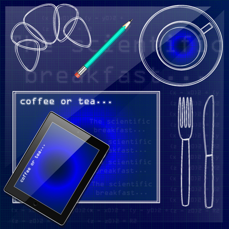 Set of realistic tablet and pencil, virtual coffee cup, bagel, fork, knife, and napkin. Top view isolated on paper grid background. Table setting in graph futuristic style.のイラスト素材
