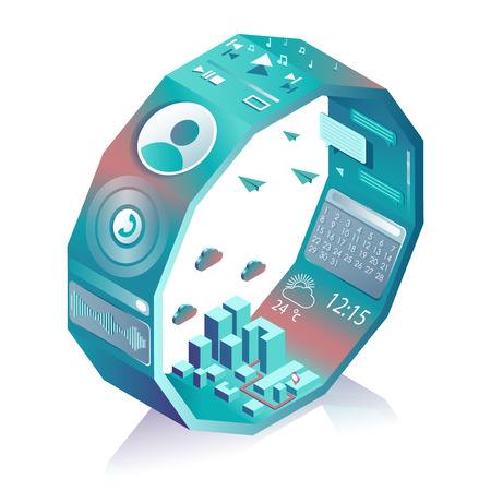 Isometric stylized smart watch. Smart web interface with different apps and icons for smartwatch or mobile phone. 3d vector illustration.のイラスト素材